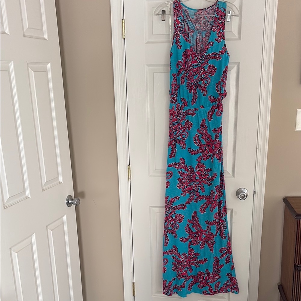 Lilly Pulitzer Teal Maxi Dress with Pink Floral Print